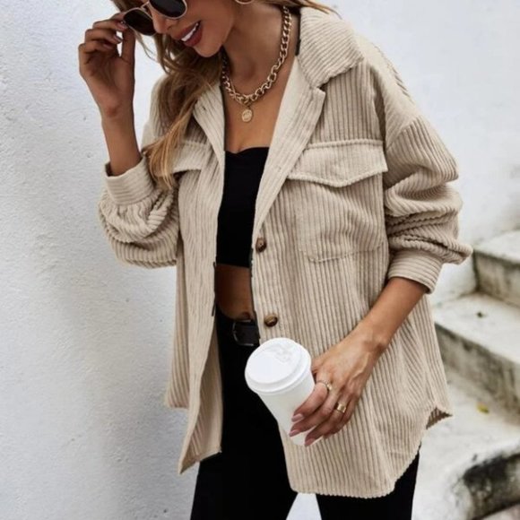 Casual Trendy Corduroy Flap Pocket Button down shirt Shacket jacket Coat beige - Picture 3 of 6